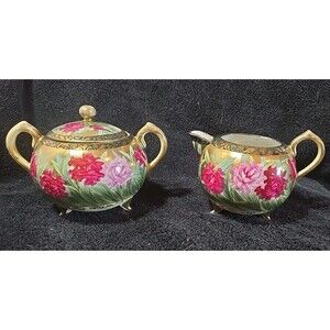 TOKIO WHEELOCK JAPAN FLORAL ROSES GOLD PORCELAIN FOOTED SUGAR BOWL CREAMER SET